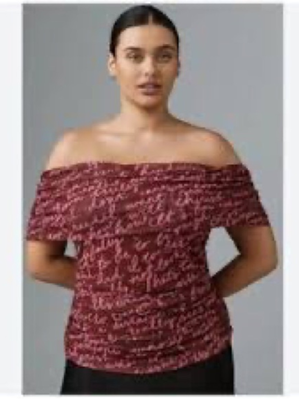 Maeve Off-Shoulder Script Print Top in Burgundy and White 1X